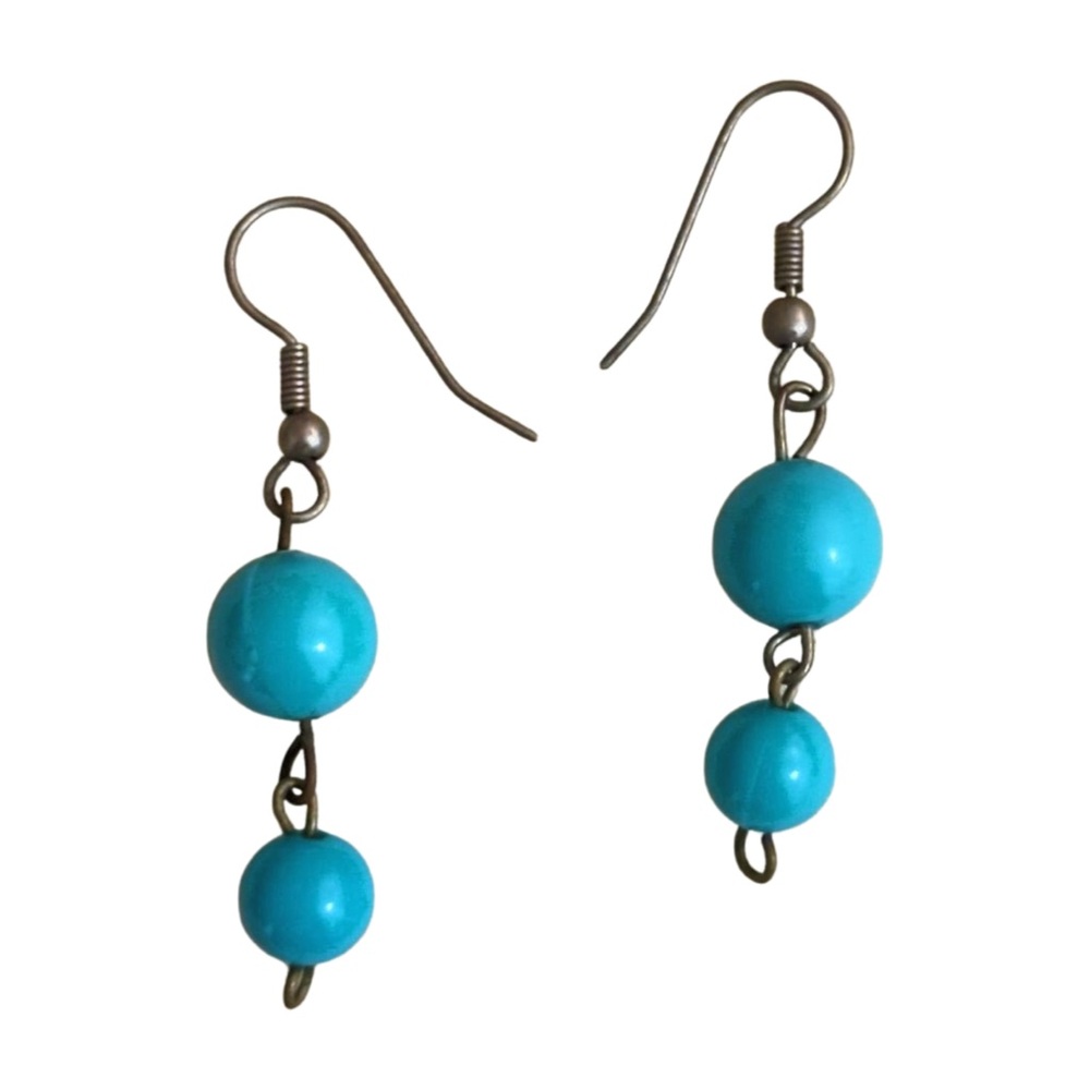 Vintage Handmade Blue Bead Dangle Earrings - Boho Drop Earrings